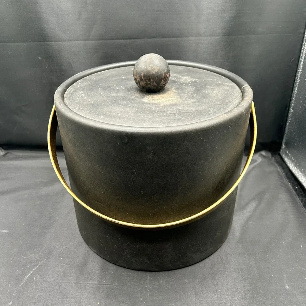 Vintage MCM Black Ice Bucket Brass Handle Gold Coin Emblem Mid Century Modern